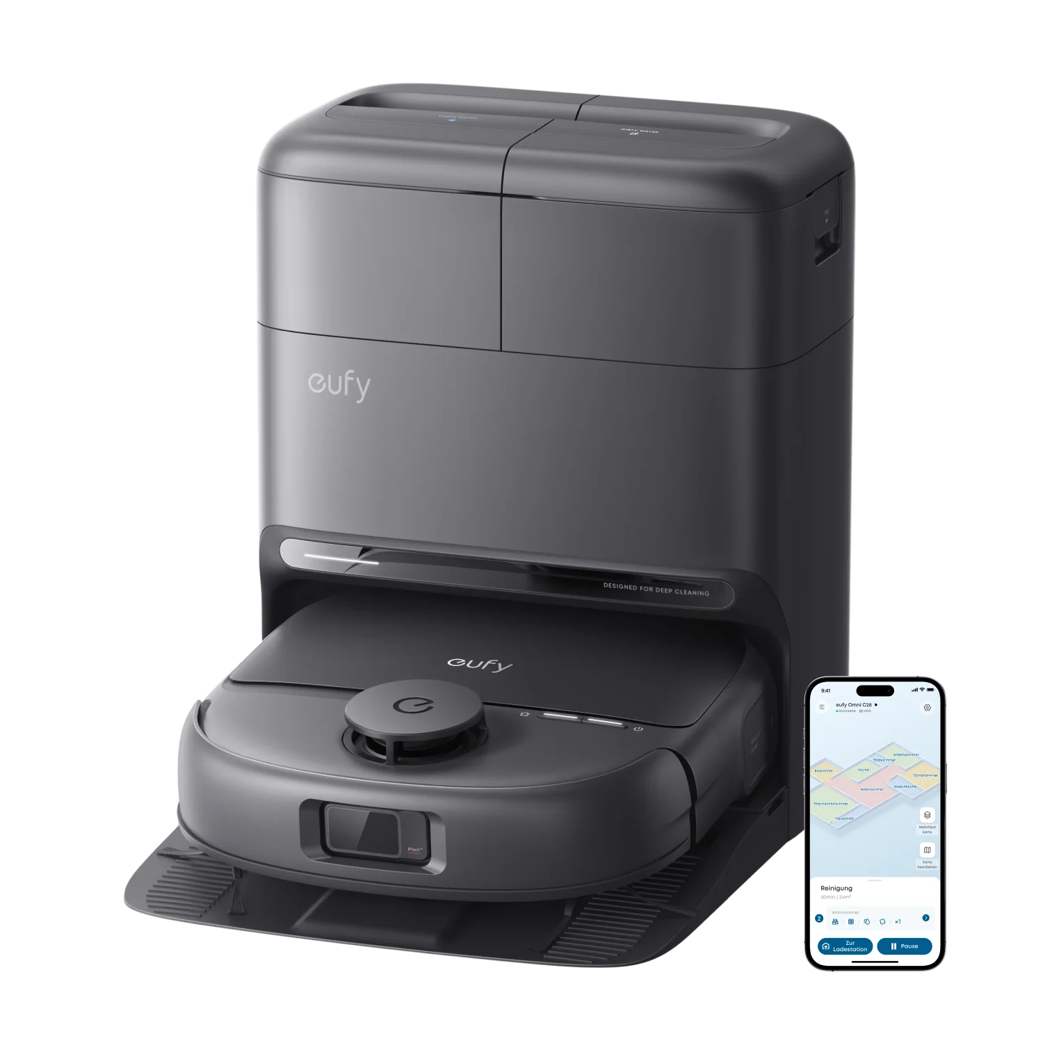 eufy C28 Saugroboter mit Wischfunktion in modernem Wohnzimmer